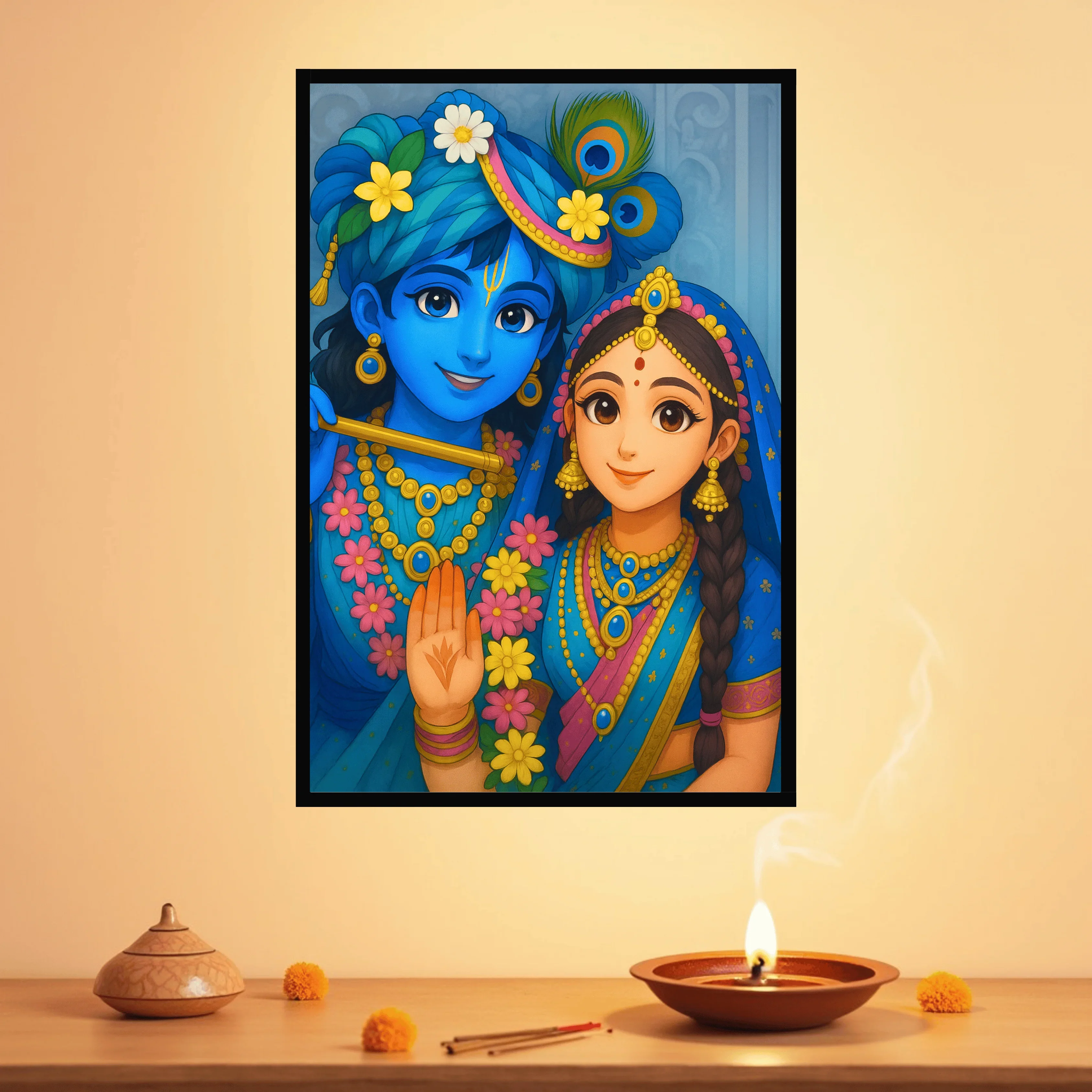 Floral Blessings of Krishna & Radha Frame - Image 3