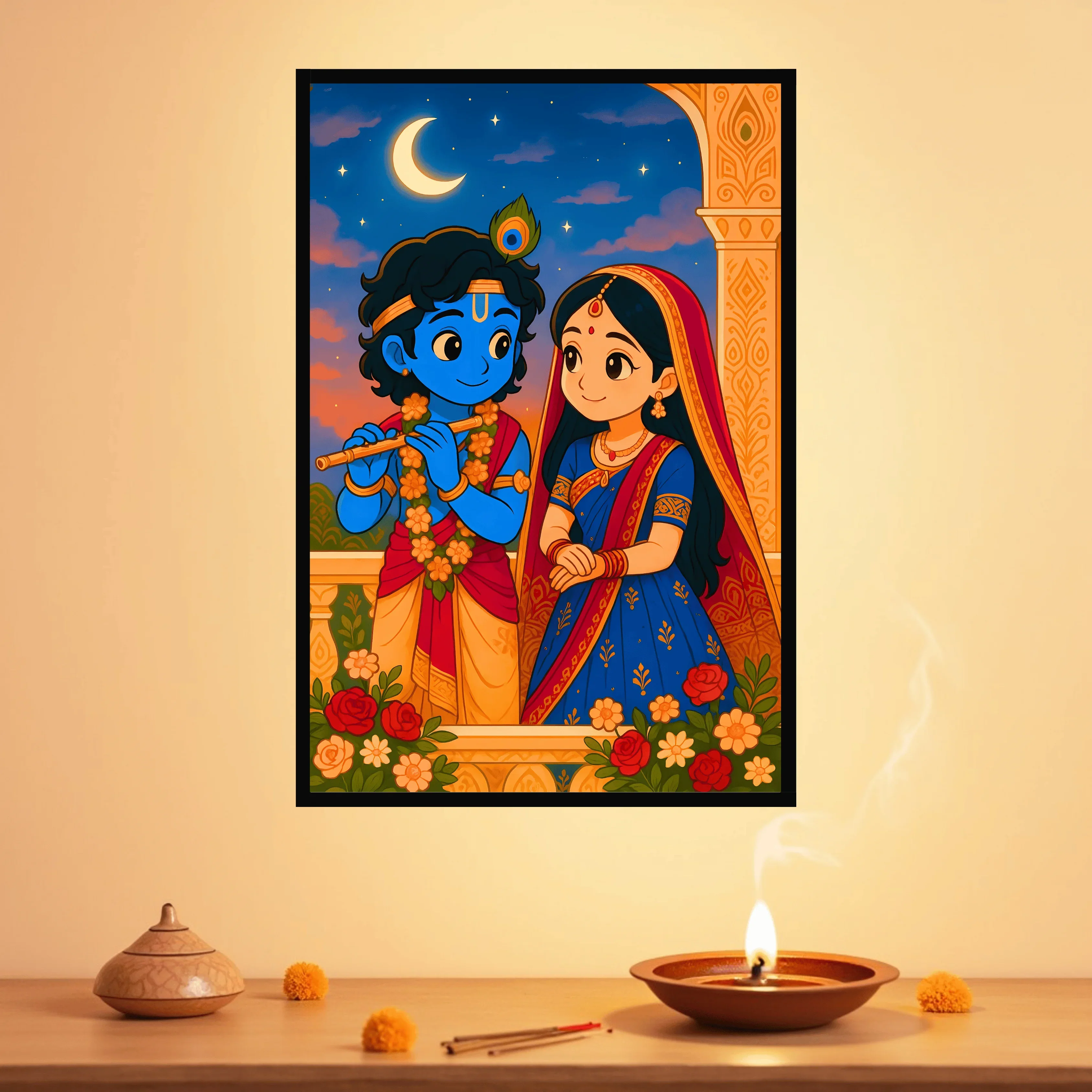 Moonlit Balcony Krishna & Radha Frame - Image 3